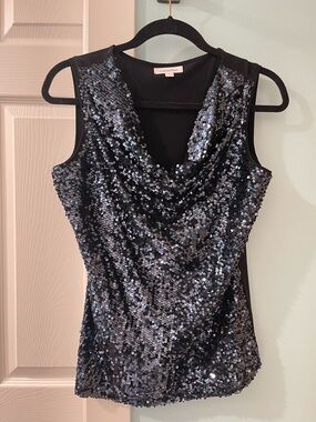 Calvin Klein Navy Blue Sequin Women's Sleeveless Blouse Top Sz S Stretch